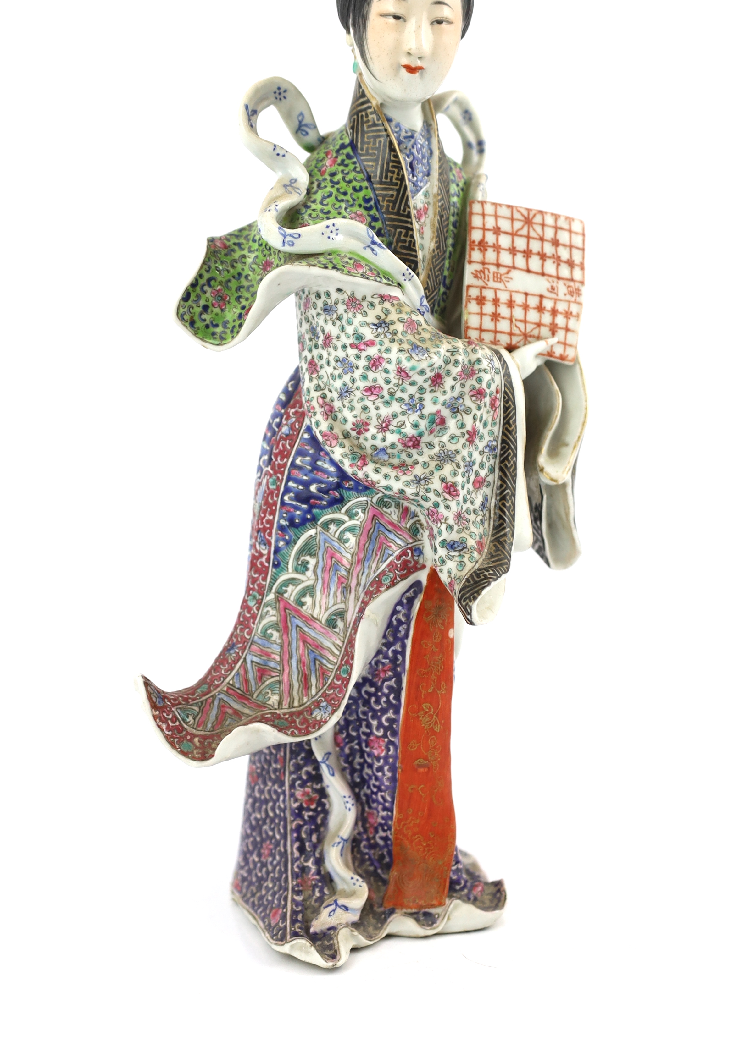 A Chinese enamelled porcelain figure of a lady, Republic period, slight damage